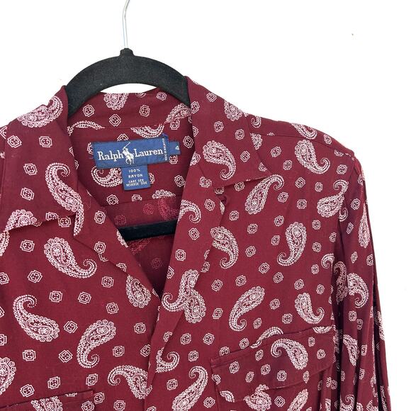 Vintage Ralph Lauren Maroon Paisley Button Down Shirt Blouse Size 4 Shoulder Pad - Picture 5 of 6